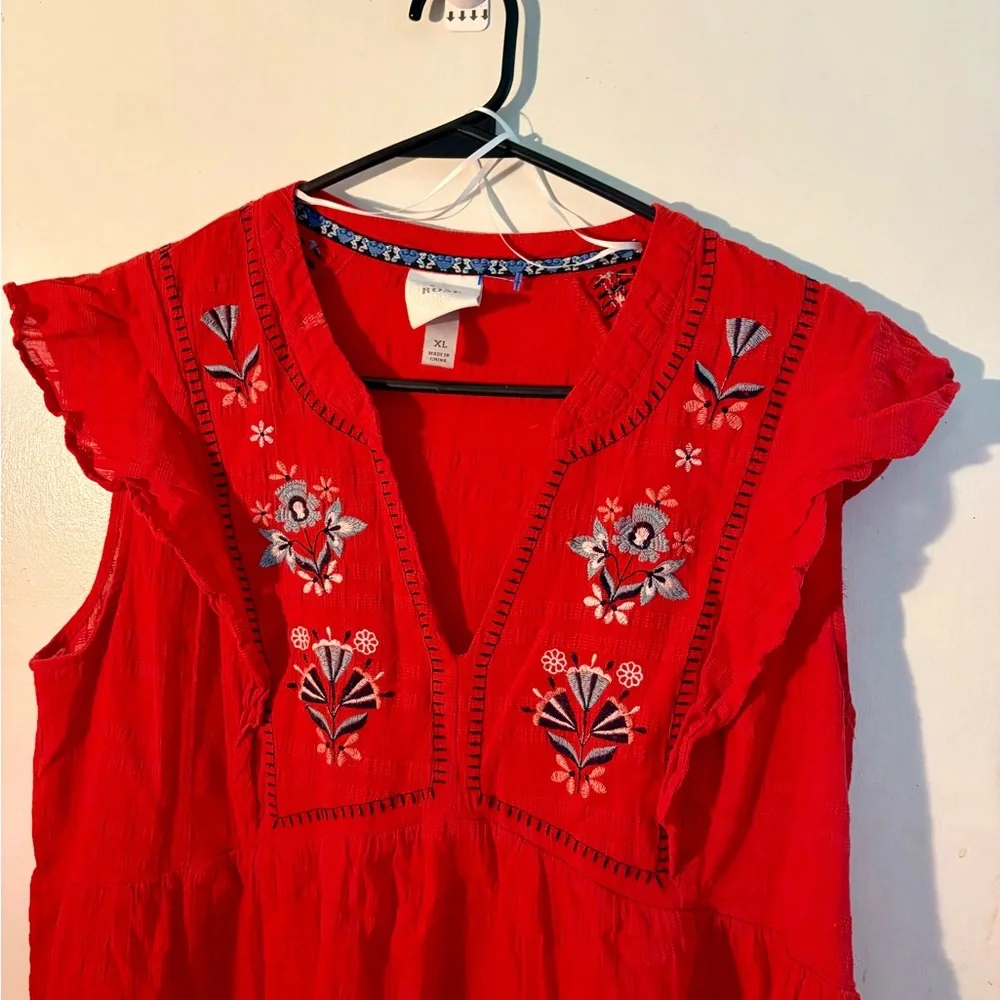 Knox Rose Red Dress with Blue Embroidery Size Large Lined 💯 Cotton - Picture 3 of 11